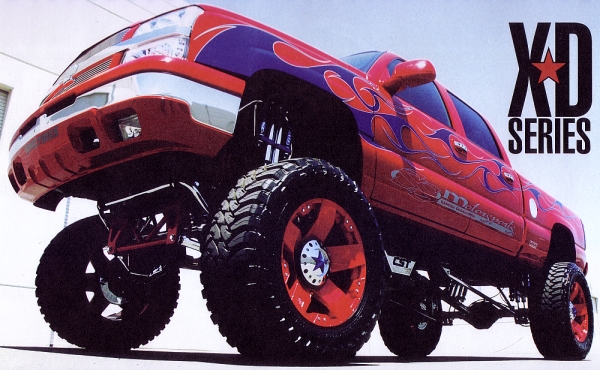 Custom Red XD Rockstars on a Lifted Chevy Truck